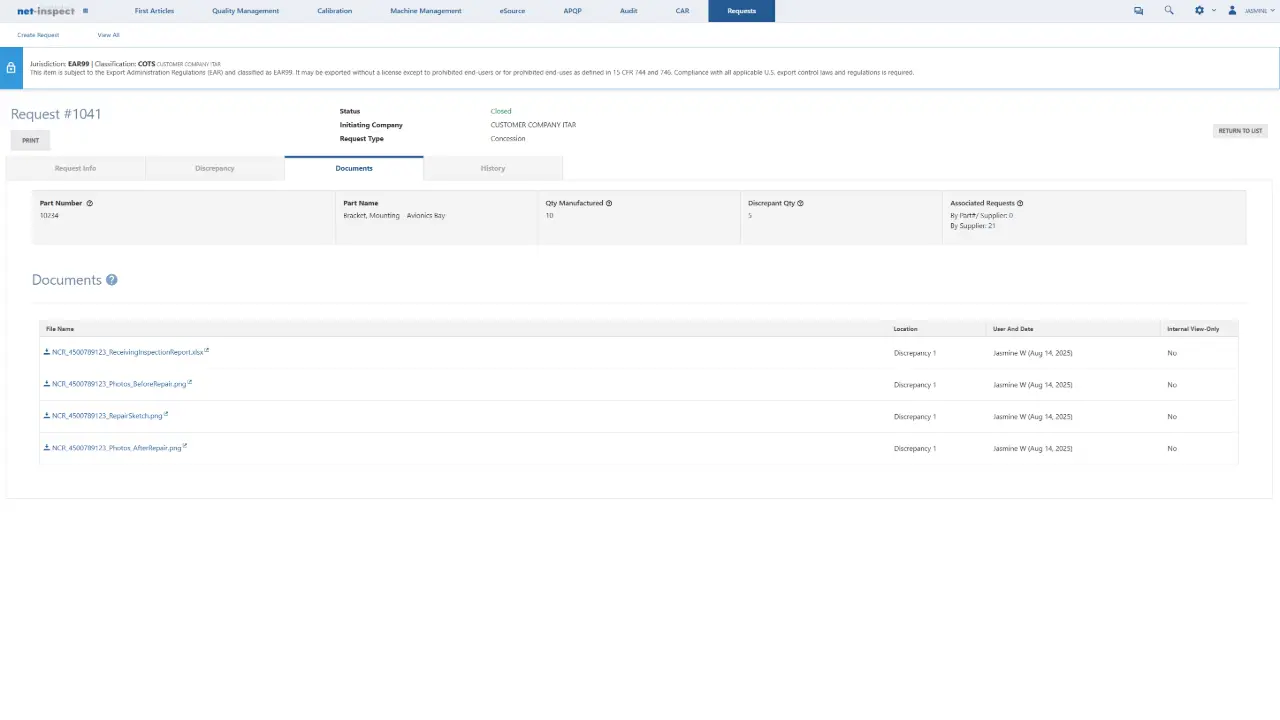Net-Inspect Request documents tab displaying attached files with file names, content types, upload dates, and file sizes for supporting documentation
